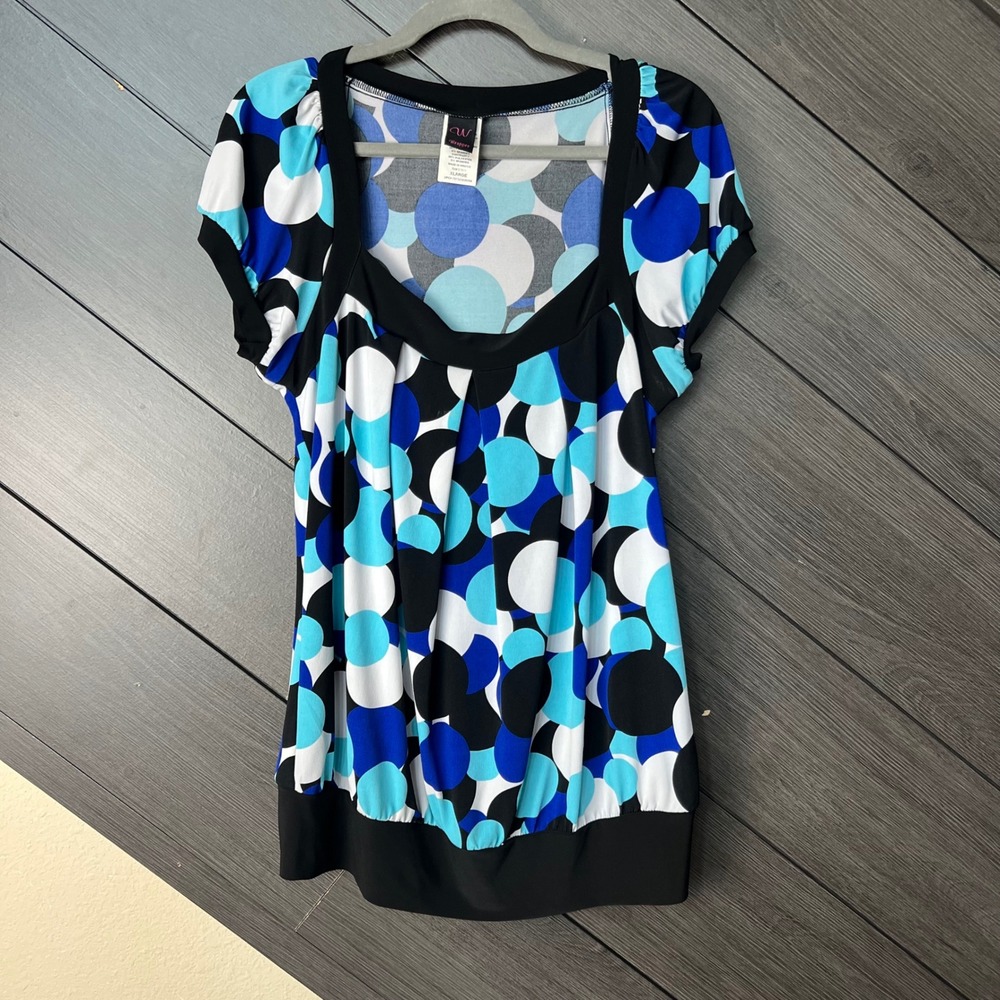 Wrapper Women's Geometric Polka Dot Stretch Blouse XL Blue Black Retro Y2K